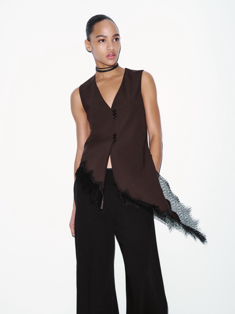 Zara Brown Sleeveless Lace-Trim V-Neck Vest Top